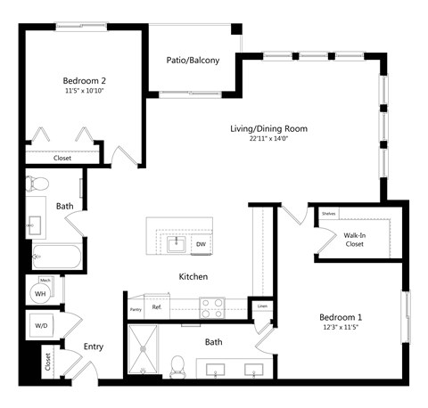 Floor plan for 2 beds, 2 baths, 1197 sqft